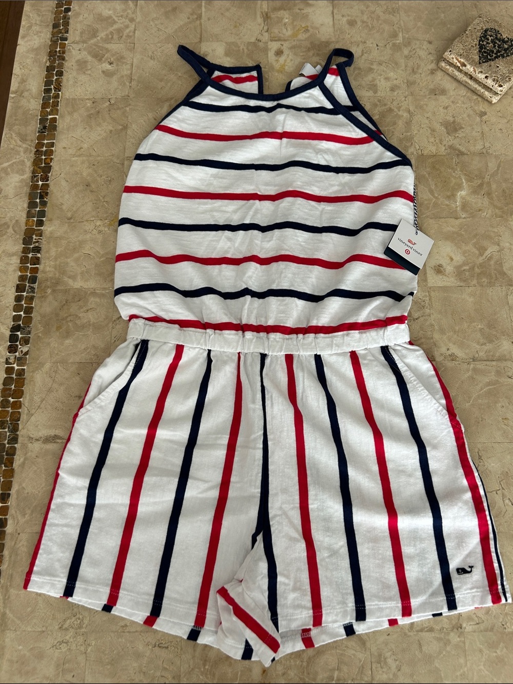 Vineyard Vines for Target Girls Striped Scoop Neck‎ Romper Red/Navy XL 14/16